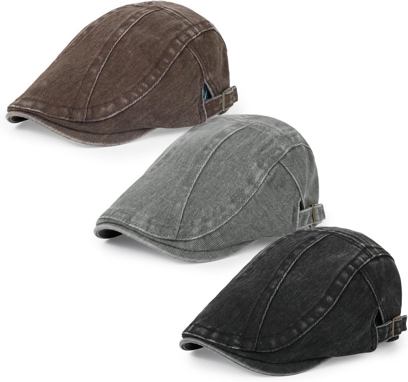 Qlauca Store 3Pcs Men's Newsboy Caps Washing Cotton Cooling Lightweight Scally Cap for Men Adjustable Flat Cap - Image 1